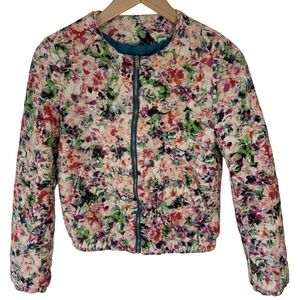 Zara Quilted Bomber Jacket‎ Women's Size XXS Pink Blue Green Orange Floral